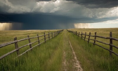 Dramatic Storm Clouds Over Rural Landscape with Wooden Fence