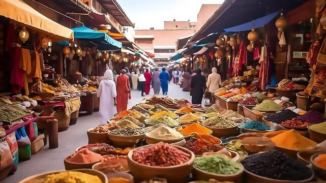 Vibrant spices fill the stalls at a busy Moroccan market, offering a sensory experience with exotic flavors and colors.