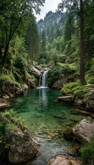 Fototapeta premium A serene waterfall cascades into a clear, turquoise pool, framed by trees