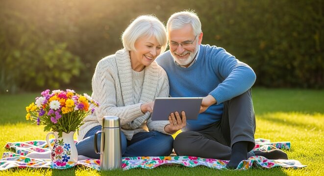 Happy senior couple sitting on a picnic blanket in the garden, smiling while using a tablet together during sunset. - Powered by Adobe