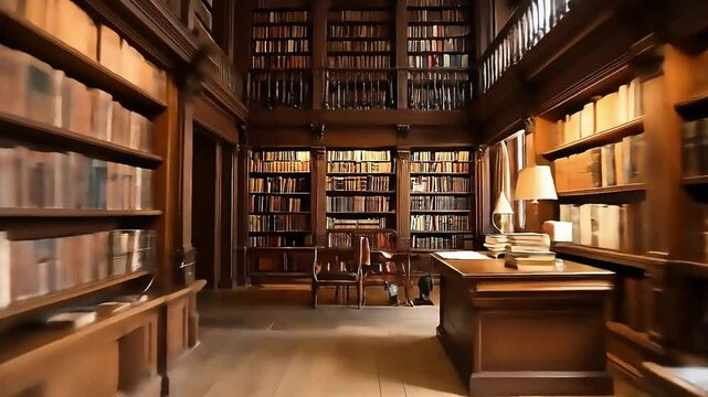Explore an expansive library filled with antique books, offering a glimpse into scholarly knowledge and classic literature.