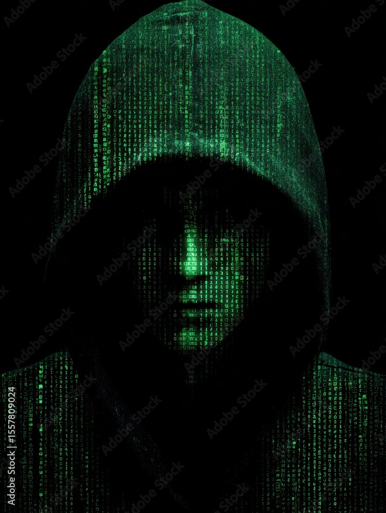 Poster hacker with green matrix code projected on face and hoodie in digital world