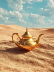 Oriental gold teapot lying on the sand in the desert dunes