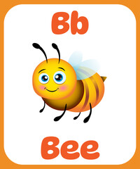Cute cartoon bee with letter B. Learning card alphabet. Letter B. Cute cartoon illustrations.