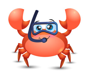 Cute Red scuba diving crab on holiday. Vector summer illustration with a Cute Crab in a scuba diving mask. Graphic children's print.
