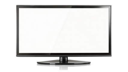 Modern flat screen television with blank white display on a black stand with colorful digital noise artifacts isolated on a transparent background