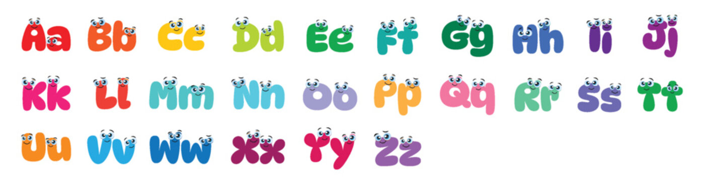 English alphabet with Colored Cute Cartoon letters with big eyes on a white background. Cartoon style alphabet with funny eyes.