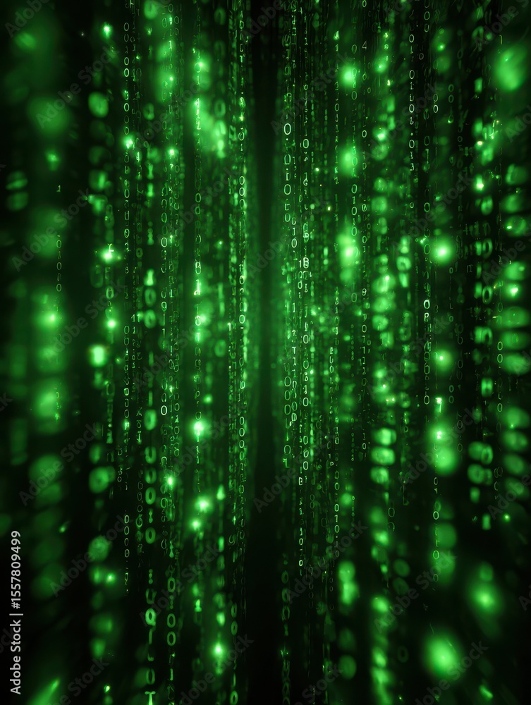 Poster abstract binary code background with falling zeros, green matrix effect, futuristic digital backdrop