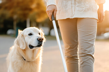 Naklejka na ściany i meble A service dog guides a person with visual impairment, enhancing independence and safety. Support animals provide valuable assistance and companionship.
