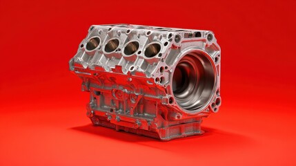 A polished diesel engine block with strong industrial textures, placed on a fiery red-orange background