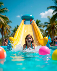 A young girl joyfully slides down a bright yellow waterslide into a sparkling blue pool. Colorful beach balls float in the water under a clear sky, enhancing the fun atmosphere.