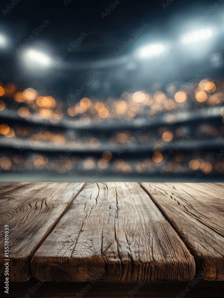 Poster wooden table empty with a bokeh background of a stadium. mockup template for product display. ai gen