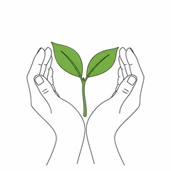 Hands Cradling A Small Green Plant Symbolizing Growth, Care, and Environmental Awareness in Minimalist Style for Nature and Sustainability Themes
