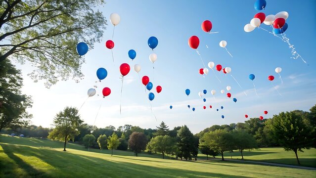 Red white and blue balloons floating up into a clear blue sky