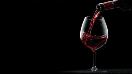 Red wine pouring to bordeaux glass on table pure black background