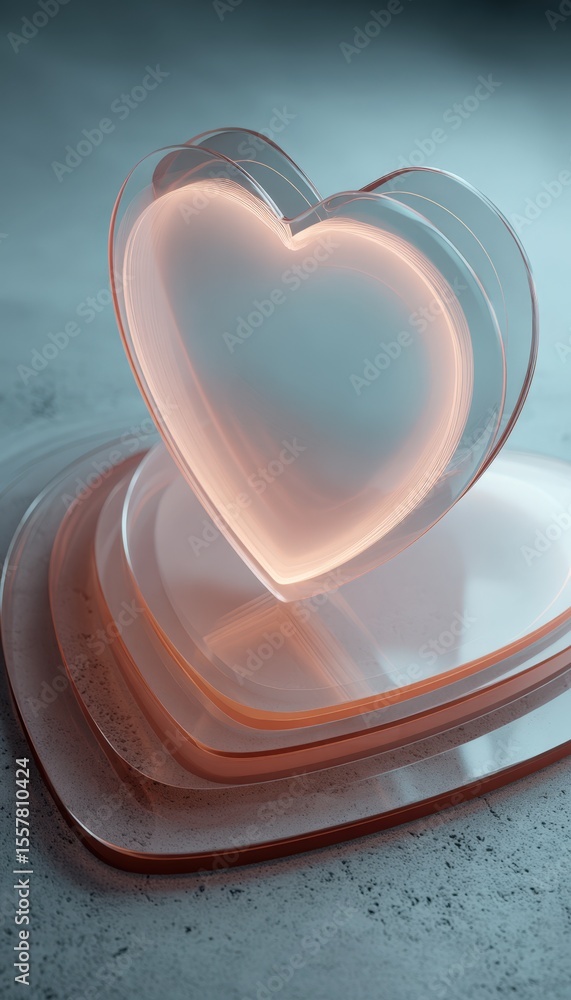 Poster 3d glowing heart with overlapping shields on matte surface
