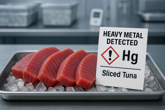 Heavy Metal Detected a Food Toxicology Study of Mercury Hg Biomagnification Risk in Sliced Tuna with a GHS Hazard Warning for Seafood Safety and Contaminant Analysis Control