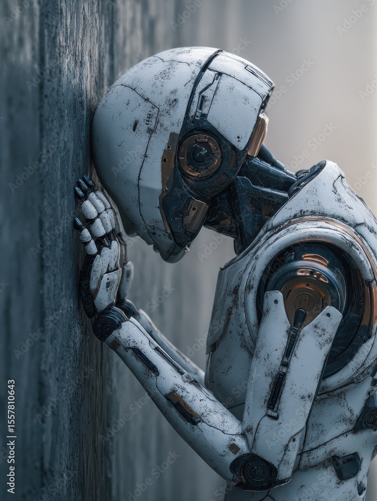 Poster a robot is touching a wall in a futuristic environment, a futuristic interpretation of ai-powered on