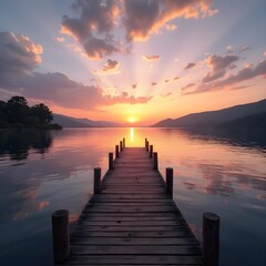 Fototapeta premium pier, sunset, water, lake, sky, beach, sea, landscape, bridge, nature, jetty, wooden, sunrise, ocean, wood, travel, summer, horizon, dusk, sun, morning, calm, coast, clouds, dock