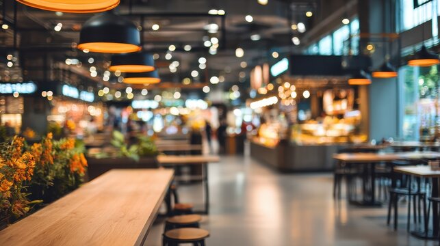 Bright And Fashionable Interior Of Food Court In Modern Department Store: Abstract Blurred Inside View Of Shop Cafe In Shopping Mall.