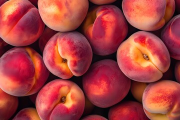 Juicy summer peaches and nectarines in a flat lay composition. Peach background. Healthy food and seasonal fruit. Freshly harvested ripe nectarines and peaches. Summer fruit. Diet. Vegetarian. Fresh