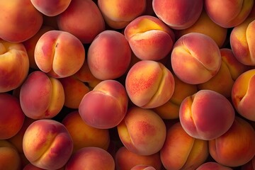 Juicy summer peaches and nectarines in a flat lay composition. Peach background. Healthy food and seasonal fruit. Freshly harvested ripe nectarines and peaches. Summer fruit. Diet. Vegetarian. Fresh