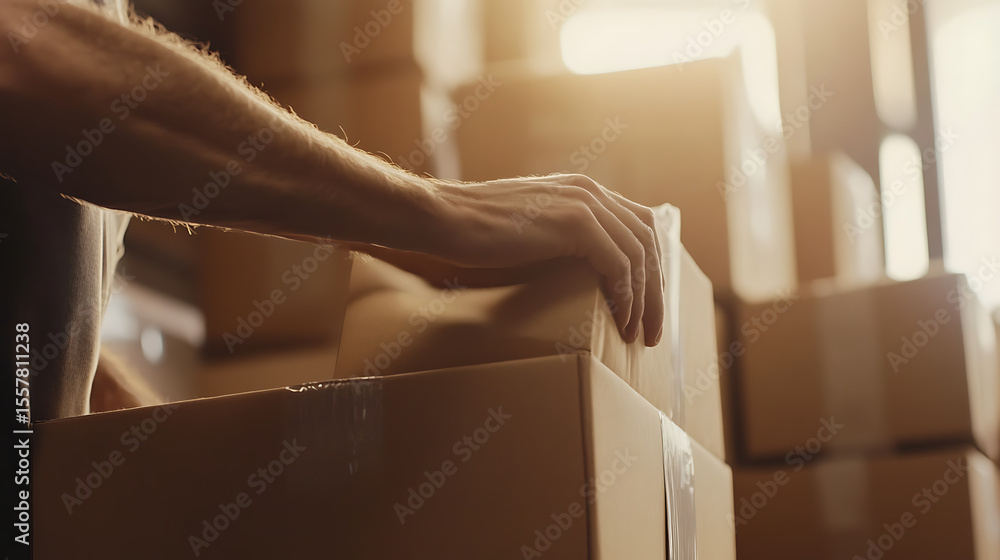 Poster packing and moving concept: close up on arm and hand placing boxes on a stack. boxes are ready for s