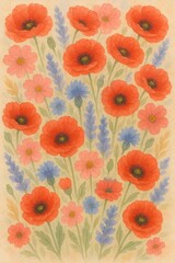 Vibrant Watercolor Poppy and Wildflower Field