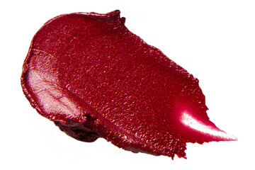 Deep red lip gloss stroke with smooth texture on empty background