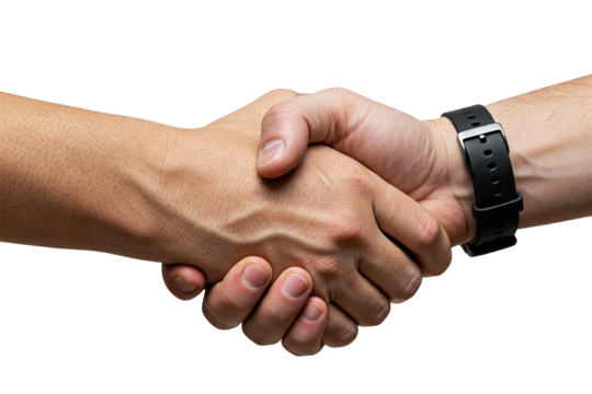 Close-Up Handshake: Two Light-Skinned Individuals Firmly Grasping Hands, One Wearing a Watch, Against a Clean White Background