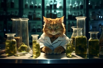 Ginger cat wearing lab coat conducting experiments with herbal extracts in a laboratory setting