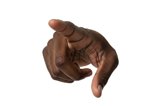 Black hand pointing directly forward with strong gestures, isolated on a clean white background, symbolizing communication, power, and focus on transparent background