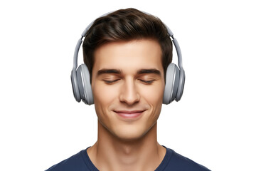 Young man wearing headphones with eyes closed, peacefully enjoying music, immersed in a personal moment of calm and joyful escape on transparent background