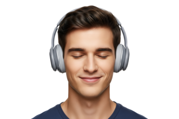 Young man wearing headphones with eyes closed, peacefully enjoying music, immersed in a personal moment of calm and joyful escape on transparent background