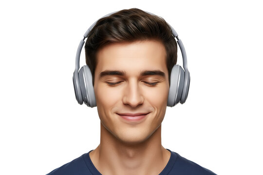 Young man wearing headphones with eyes closed, peacefully enjoying music, immersed in a personal moment of calm and joyful escape on transparent background