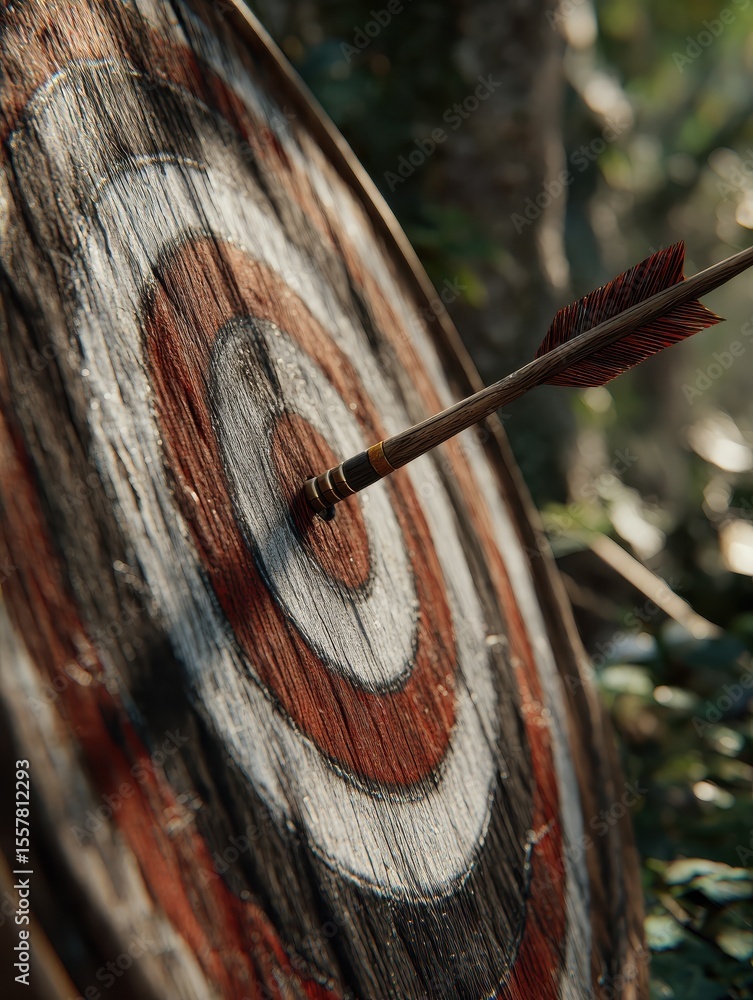 Poster a close-up of a wooden target with an arrow embedded in the center, surrounded by a blurred forest b