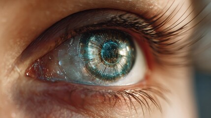 Obraz premium Close-up of a woman's eye, biometric scan. Microchip implantation. Modern technology concept.
