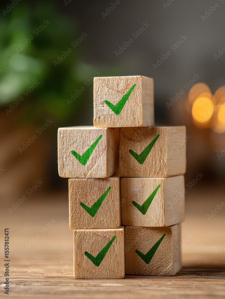 Poster stacked wooden blocks with green check marks indoor setting conceptual image focused viewpoint for c