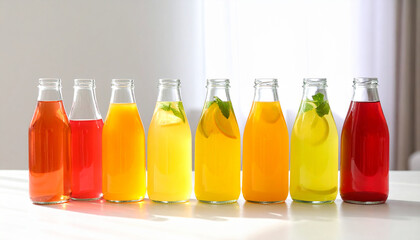 Vibrant beverages on table. Bottles with tasty drinks.