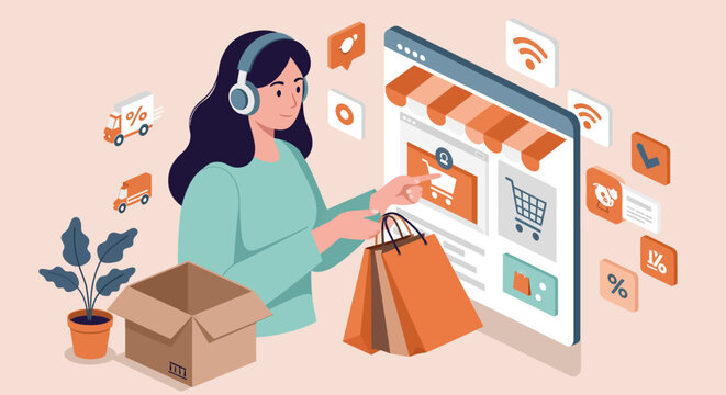 Young woman shopping for fashion online or in a supermarket, a vector cartoon illustration of a sale