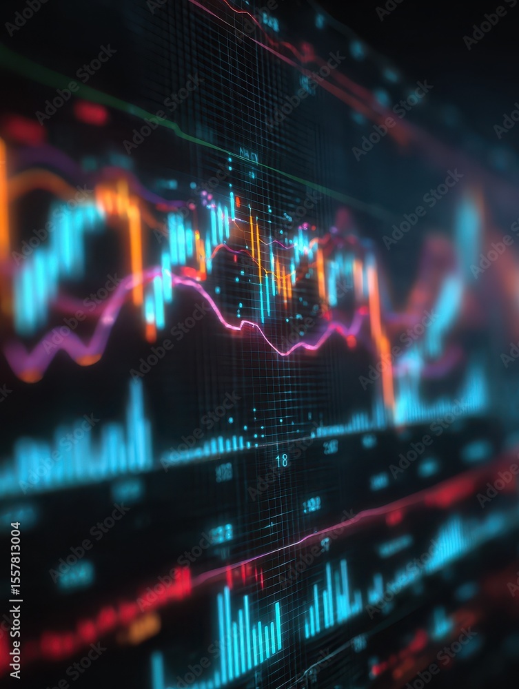 Poster abstract financial data visualization with fluctuating graphs and charts displayed on a digital scre