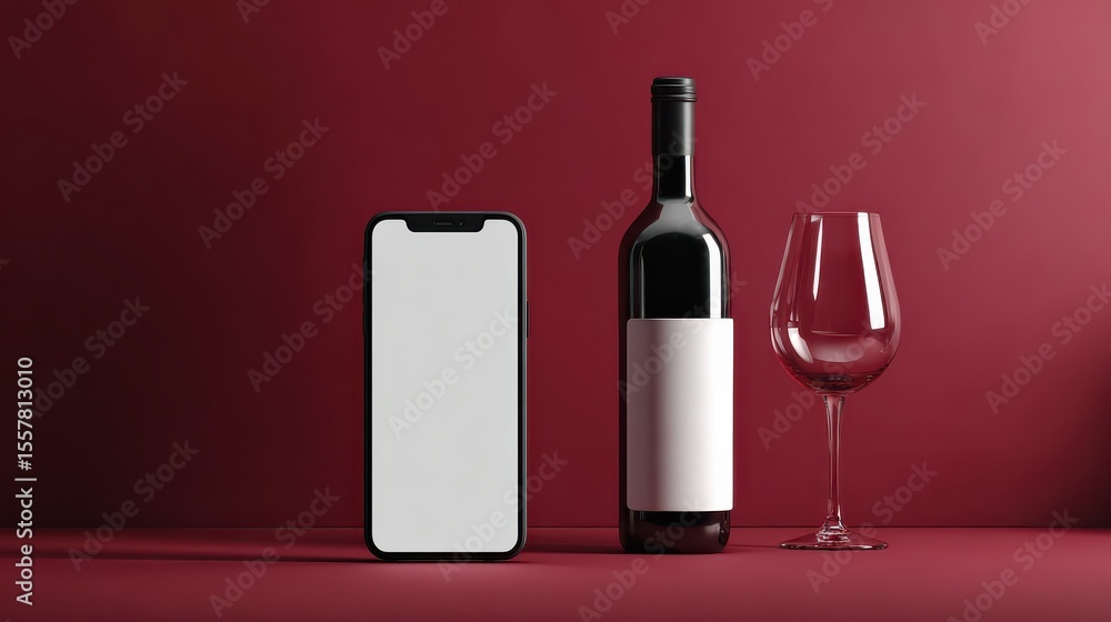 Poster wine app concept with smartphone displaying a blank screen, paired with a bottle and wine glass, per