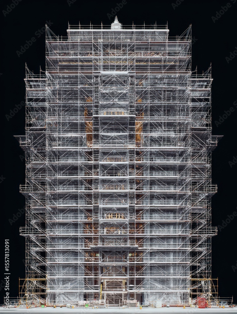 Poster symmetrical view of a large building under construction covered in scaffolding with intricate detail