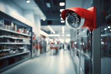 Red cctv camera is recording activity inside a blurred supermarket, ensuring safety and preventing shoplifting