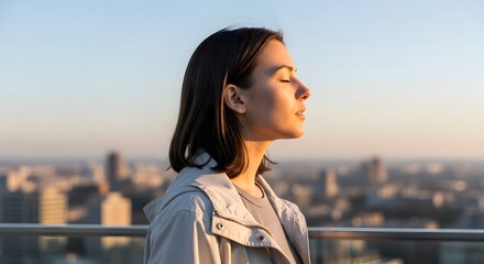 Obraz premium A serene young woman practices mindfulness with her eyes closed, basking in the warm golden hour light on a city rooftop, finding peace and tranquility amid the urban landscape.