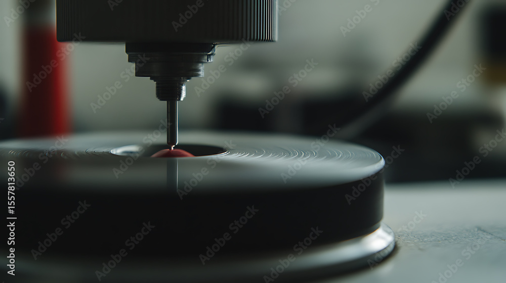 Poster precision tool measuring a smooth, circular surface. the machine's probe makes contact, ensuring acc