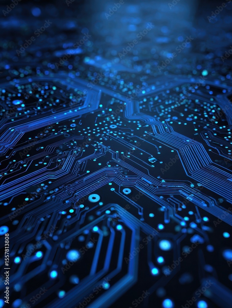 Poster abstract digital circuit board on blue tech background. circuit connected lines and dots on motherbo
