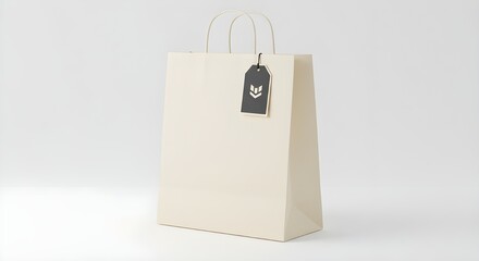 Paper shopping bag with brand label, upright, transparent background