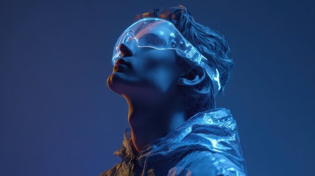 Young man in virtual reality. Holograms, meta verse. Artificial intelligence.Virtual reality, future technology, neon light. Digital Technology NFT game. Holograms. Generative AI