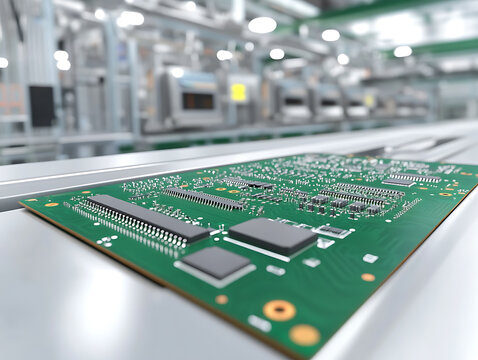 Printed circuit board on a conveyor belt in a manufacturing facility. Electronic components in a hi-tech industry. Automated assembly line production.